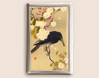 Crow on Cherry Blossom Branch Japanese Art Cigarette Case, Vintage Purse Joint Holder, Metal Box, Zigarettenetui, Father's Day Gifts