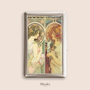 Portasigarette Alphonse Mucha Primrose Feather (COPPIA) (1899), Portasigarette vintage, Scatola di metallo, Zigarettenetui, Regali per la festa del papà