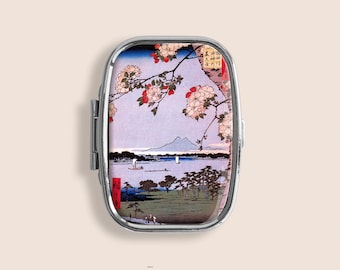 Japanese Art Cherry Blossoms Spring River Small Pill Box Ring Trinket Stash Organiser Medicine Vitamins Gum Tic Tacs Mint Metal Case Holder