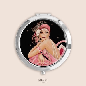 Art Deco Pink Beauty Pocket Compact Mirror, Small Pill Box Organiser, Vintage Hand Mirror, Case, Mother&#39;s Day Gifts