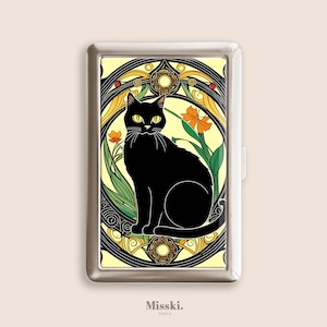 Portasigarette in stile Art Nouveau con gatto nero, portasigarette vintage, scatola di metallo, Zigarettenetui, regali per la festa del papà