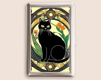 Art Nouveau Black Cat Art Cigarette Case, Vintage Purse Joint Holder, Metal Box, Zigarettenetui, Father&#39;s Day Gifts