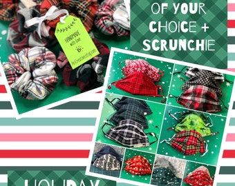 Bundle of Face Mask + Flannel Scrunchie Great for gifts and stocking stuffers. Your choice of each from masks on my site!