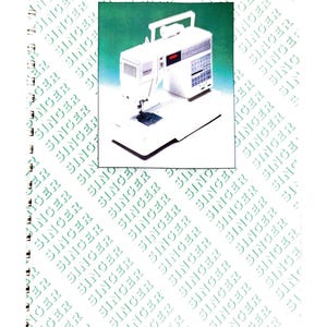 May include: A white Singer sewing machine with a handle, a red display, and a control panel. The machine is on a white base. The background features a repeating pattern of the word "SINGER" in green.