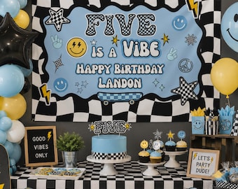Five is a Vibe Birthday Yard Sign Custom Tapestry Name Banner Happy Birthday Sign Custom Canvas Banner Custom Checkered Fabric Name Banner