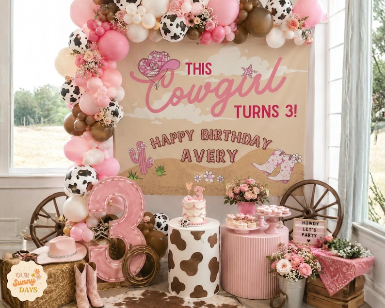 Puede incluir: Una decoraci&oacute;n de fiesta de cumplea&ntilde;os con un tel&oacute;n de fondo que dice This Cowgirl Turns 3! Happy Birthday Avery, adornado con globos rosas, blancos y con estampado de vaca, un n&uacute;mero 3 rosa grande, un pastel, flores y decoraci&oacute;n western.