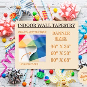 Puede incluir: Una tarjeta informativa de tapiz de pared interior de tela 100% poli&eacute;ster con bordes dobladillados y tres tama&ntilde;os de pancarta: 91,4 cm por 66 cm, 152,4 cm por 127 cm y 203,2 cm por 172,7 cm, con una muestra de tela geom&eacute;trica colorida.