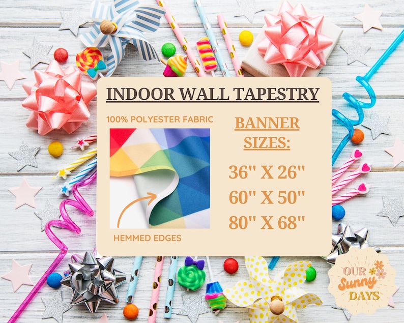 Puede incluir: Una tarjeta informativa de tapiz de pared interior de tela 100% poli&eacute;ster con bordes dobladillados y tres tama&ntilde;os de pancarta: 91,4 cm por 66 cm, 152,4 cm por 127 cm y 203,2 cm por 172,7 cm, con una muestra de tela geom&eacute;trica colorida.