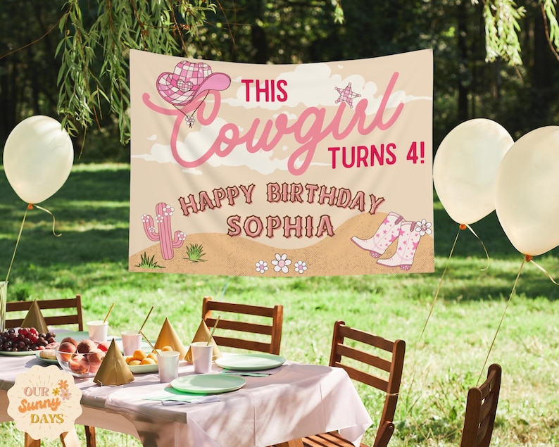 Custom Cowgirl Party Sign Personalized Banner Girls Birthday Party Name Sign Custom