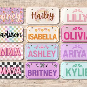 May include: A collection of personalized license plates featuring various names in different fonts and designs. The plates showcase names like Lainey, Hailey, Lilly, Madison, Isabella, Olivia, Emma, Ashley, Ariyah, Amaya, Britney, and Kylie, with decorative elements.