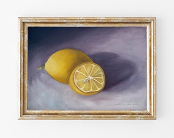 Stillebentryck med gammal citron, symboliskt Wabi Sabi-konstverk, stämningsfull oljemålning på väggen