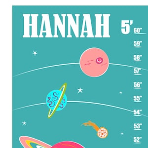 May include: A colorful space-themed growth chart with planets and stars on a turquoise background. The chart measures from 24 inches to 60 inches. The name "HANNAH" is at the top of the chart.