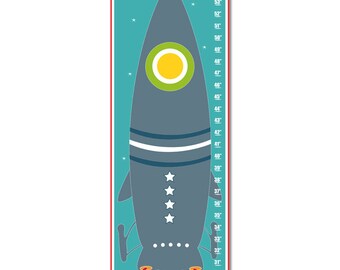 Children's Growth Chart - Nursery Art - Rocket to Space Personalized with Child's Name Blue Growth Chart