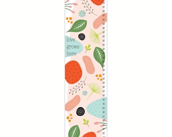 Girls Canvas Growth Chart, Personalized Bright Pastel Nursery, Mid Century Modern Inspired, Baby Shower Gift, Floral, Love Grows Here