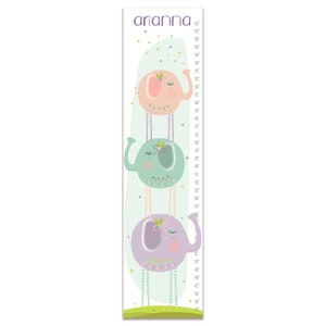 May include: A colorful growth chart featuring three stacked elephants with floral details and a personalized name at the top. The chart is printed on a white background with a green grass base and a scale in inches.