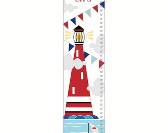 Custom Canvas Growth Chart - Nautical Lighthouse and Boat - Blue Red White - Nautical Wall Art - Nautical Nursery