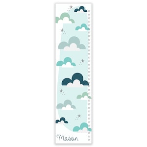May include: A blue and green cloud-themed growth chart with a white background. The chart features a whimsical design with clouds and stars. The chart is marked with inches from 24 to 60 inches. The name "Mason" is written at the bottom of the chart.