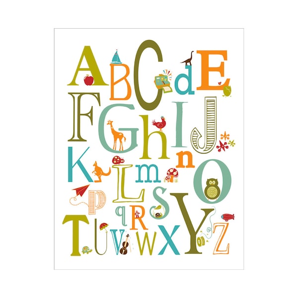 Children's Wall Art / Nursery Decor Alphabet Poster - ABC alphabet typography 8x10  inch Poster Print