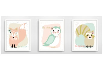 Woodland Animal Prints , Forest Friends Be Clever, Be Wise, Be Curious, Boho Nursery Art, Blush Nursery