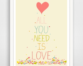 All You Need Is Love Confetti Hearts Pink Typography Nursery Wall Art Print