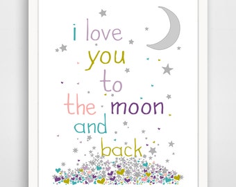 Children's Wall Art / Nursery Decor I Love You To The Moon And Back Purple Poster Print