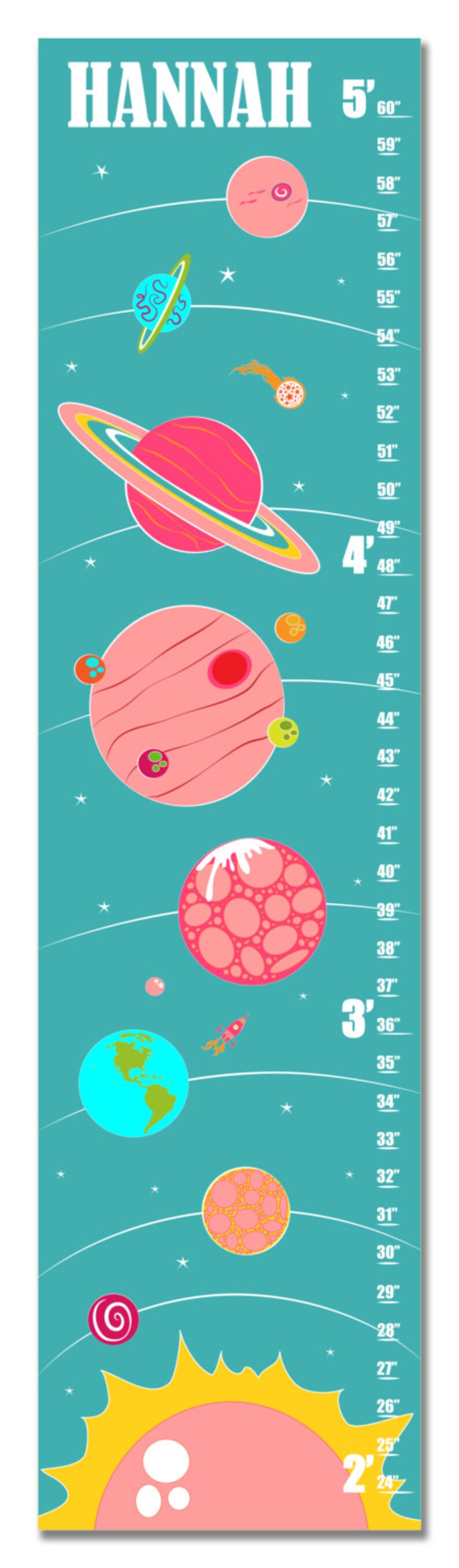 Children's Growth Chart Nursery Art Solar System Personalized with Child's Name Pink Growth Chart image 1