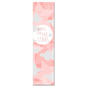 May include: Pink and white growth chart with a moon and clouds. The text "Reach for the stars" is written on the moon. The chart is labeled with the name "Sofia".