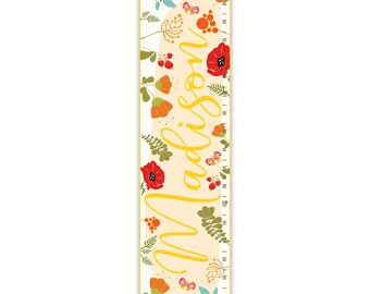 Girl's Canvas Growth Chart - Calligraphy Personalized Bright Floral -  Poppies Growth Chart, Poppy Floral Growth Chart