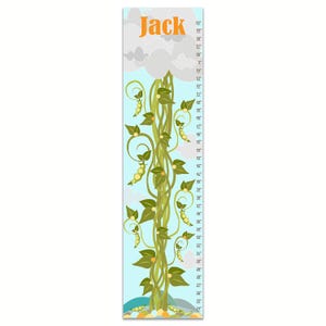 May include: A colorful growth chart featuring a green beanstalk with pea pods and leaves. The chart is on a blue background with white clouds and the name "Jack" at the top. The chart measures from 24 inches to 60 inches.