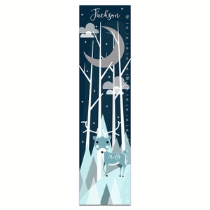 Boys Growth Chart, Personalized Canvas Growth Chart, Moon, Navy Woodland Forest Deer Wall Art