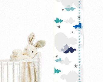 Children's Growth Chart - Nursery Wall Art - Blue Clouds Personalized with name Growth Chart