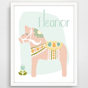 Dala Horse Personalized Nursery Print - Dala Horse Nursery - Nursery Decor Print - Pastel Nursery - Pink Nursery Decor