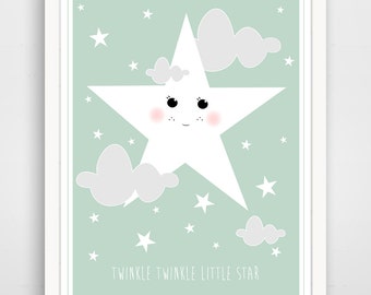 Twinkle Twinkle Little Star, Sweet Faced Star - Sage Green Nursery Wall Art Print