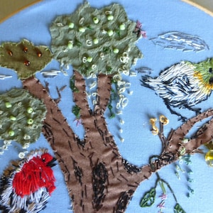 Bird Hand Embroidery Hoop Art: Birds on Tree, Floral Design (12 inch)
