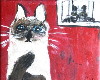 art painting animals siamese cat red background SALE