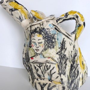 Keramik Kunst Teekanne langer Auslauf schwarz weiß und einige Farbe funktionale Kunst Teekanne