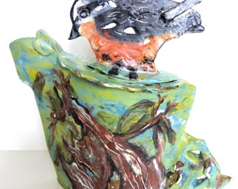 teapot ceramic handmade green blue brown bird on lid functional