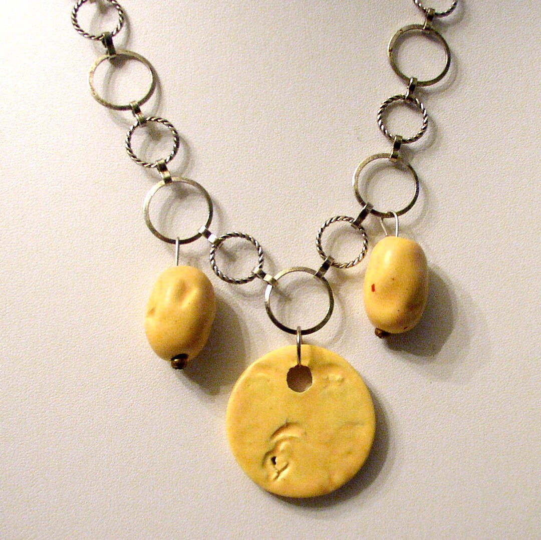 Jewelry Necklace Pendant Yellow Ochre Ceramic Beads Silver Etsy