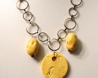 jewelry necklace pendant yellow ochre ceramic beads silver chain