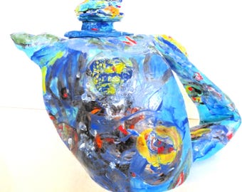 teapot handmade ceramic functional teapot blue abstract art sculpture