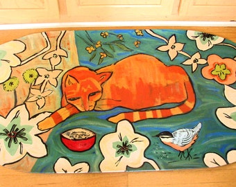 floorcloth painted rug kitchen mat orange cat flowers bird funky floor mat custom order