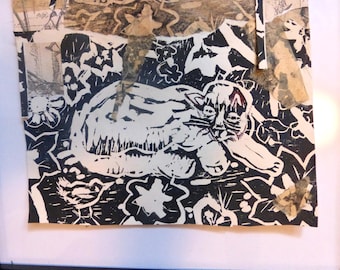 Grabado en linóleo de gato en blanco y negro Fantasma