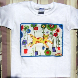 Tshirt clothing children tee shirt cat garden primary colors toddlers clearance sale image 1