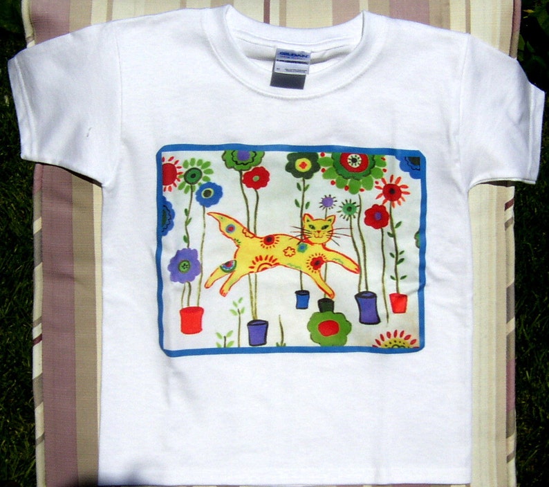 Tshirt clothing children tee shirt cat garden primary colors toddlers clearance sale image 1