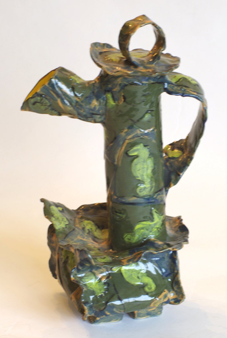 teapot ceramic seahorses khaki green funky SALE image 3