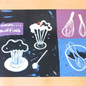 Desserts Vinyl Floorcloth: Black, Blue, Plum Kitchen Mat (24&quot; X 36&quot;)