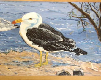 floorcloth painted rug blue beige black sea bird custom