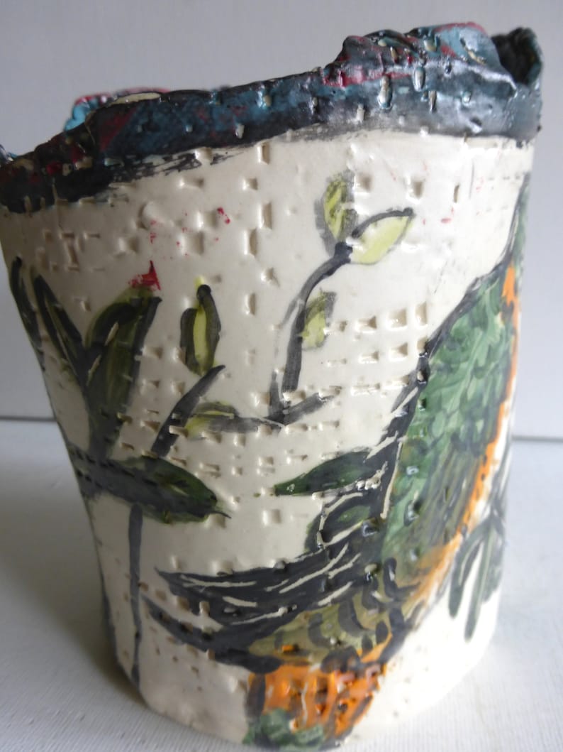 bird planter hummingbirds white green orange ceramic planter home decor