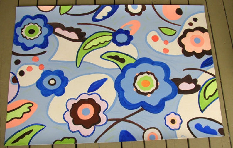 Floorcloth Floor Mat Painted Rug Blue Floral Custom Order Etsy
