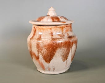Handmade Cream and Rust Ceramic Lidded Jar, 6.5 inches high